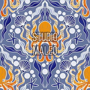 Peut inclure: Motif répétitif avec une pieuvre, des coquillages, des étoiles de mer et des algues en orange, bleu et blanc sur fond bleu. Le texte "STUDIO MALEO" est superposé. Ce motif nautique convient à diverses applications.