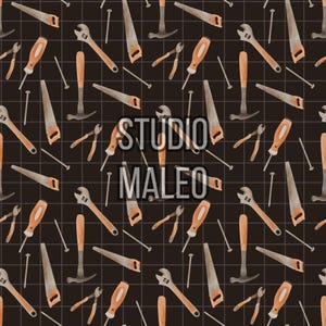 May include: A seamless pattern featuring a variety of tools, including hammers, wrenches, saws, and nails. The tools are painted in shades of orange and brown against a dark brown background.