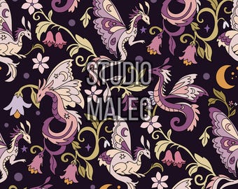 Dragon Seamless Pattern Dark Floral Celestial Garden PNG