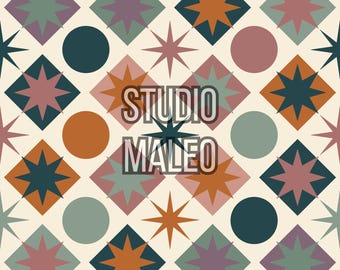 Mid Century Modern Geometric Tile Retro Star Circle Boho Digital Paper Seamless Repeat Pattern for Fabric Sublimation