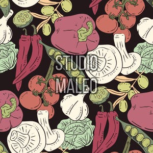 May include: A repeating pattern of hand-drawn vegetables, including red chillies, tomatoes, bell peppers, mushrooms, and peas, on a dark background. The design also features the text "STUDIO MALEO".
