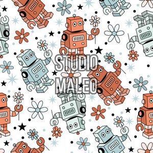 Op de afbeelding: Een herhalend patroon met cartoonrobots in oranje en lichtblauw, die bloemen vasthouden. Het ontwerp bevat bloemen, sterren en stippen op een witte achtergrond. De tekst "STUDIO MALEO" is over het ontwerp geplaatst.