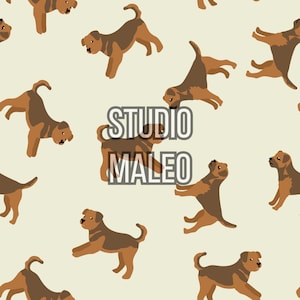 May include: A repeating pattern of brown and tan cartoon dogs on a cream background. The dogs are in various poses, with the text "STUDIO MALEO" in the center. The design is simple and playful.