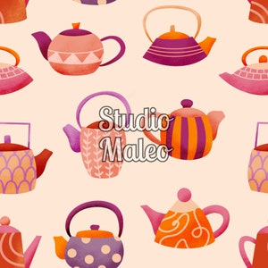 May include: A seamless pattern featuring colorful teapots with various designs and patterns. The teapots are in shades of pink, orange, purple, and yellow. The background is a light beige color. The text "Studio Malleo" is in the center of the pattern.