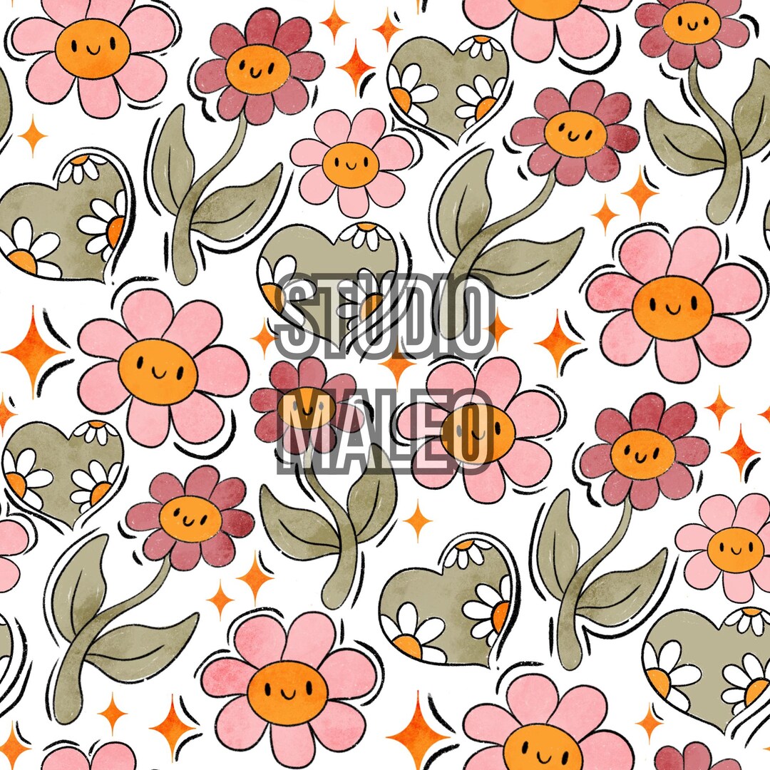 Retro Groovy Smiling Flowers With Daisy Hearts in Warm Tones Seamless ...