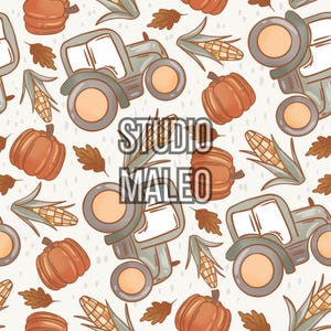 Peut inclure: Un motif sans couture représentant un tracteur gris, du maïs, des citrouilles et des feuilles d'automne sur un fond blanc. Le motif est parfait pour les projets et les travaux manuels sur le thème de l'automne.