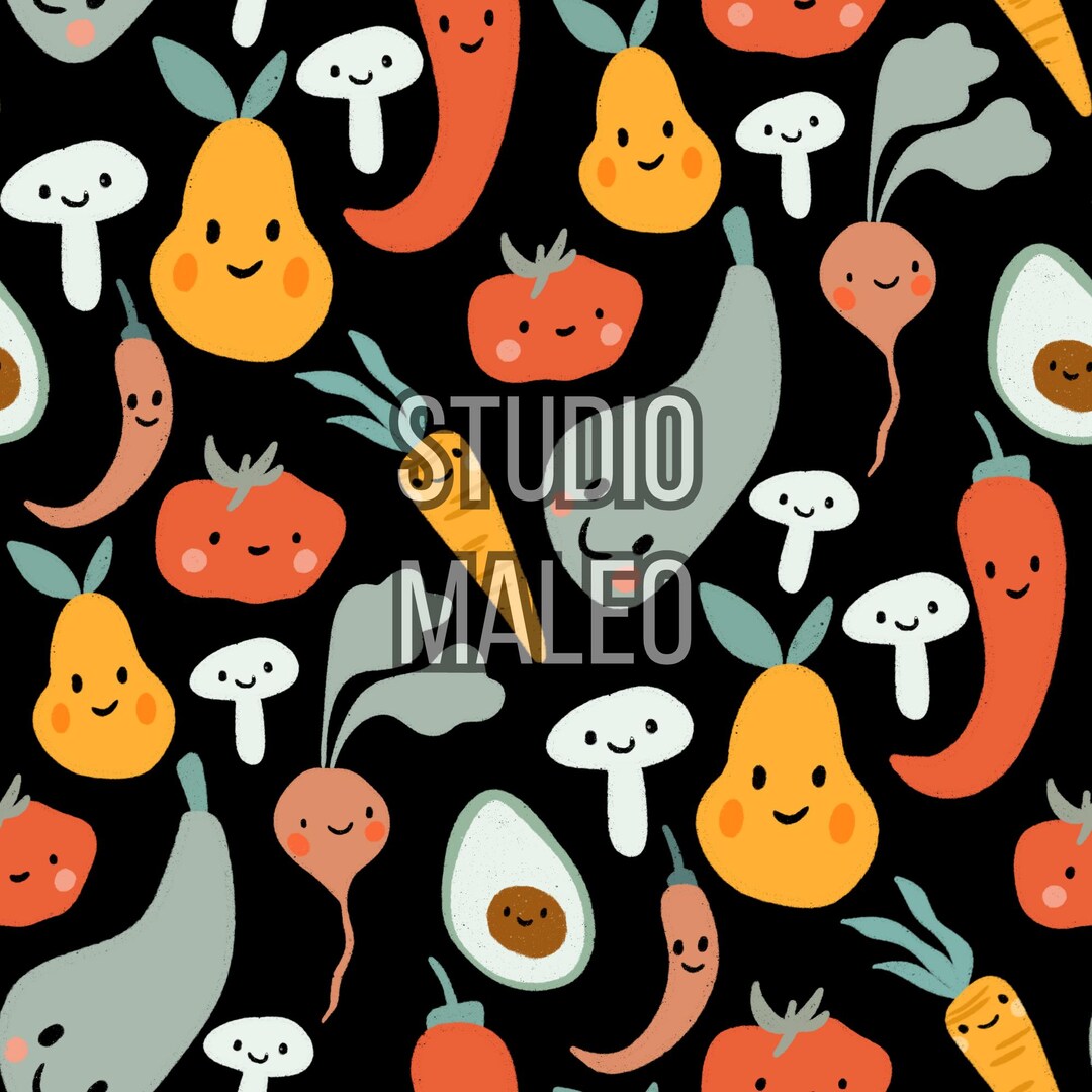 かわいい野菜漫画かわいい食べ物顔暗い背景シームレスな繰り返しパターン布昇華用 - Etsy 日本, image size:1080x1080