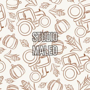 Peut inclure: Un motif sans couture composé de dessins au trait marrons de tracteurs, de citrouilles, de maïs et de feuilles. Le texte "Studio Maleo" est au centre du motif.