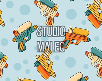 Retro Water Guns Summer Pool Party Water Fight Seamless Repeat Pattern for Fabric Sublimation