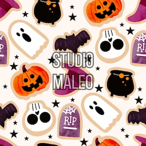 Peut inclure: Motif répété d'illustrations sur le thème d'Halloween. Le motif comprend des citrouilles, des fantômes, des chauves-souris, des chaudrons, des pierres tombales, des chapeaux de sorcière, des crânes et des étoiles. Le texte "STUDIO MALEO" est superposé.