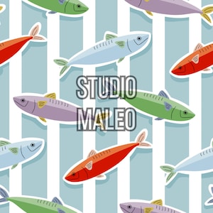 May include: Seamless pattern featuring colorful fish illustrations in red, green, purple, and blue, set against a backdrop of vertical stripes. The text "STUDIO MALEO" is overlaid on the design. This pattern is suitable for various applications.