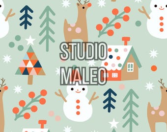 Cute Christmas Reindeer Snowman Cozy Winter Village Nordic Holiday Scene Retro Festive Art Seamless Repeat Pattern for Fabric Sublimation