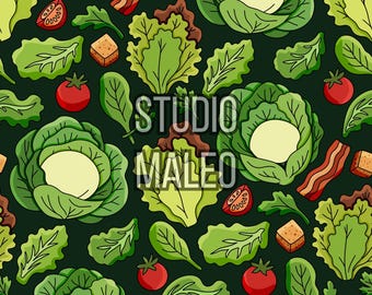 BLT Salad Seamless Pattern Lettuce Tomato Bacon Kitchen Digital Paper