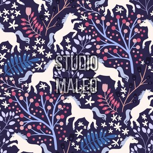 Whimsical White Horse Floral Fantasy Illustration Seamless Repeat Pattern for Fabric Sublimation