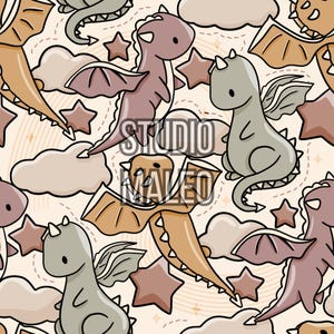 May include: A repeating pattern featuring cartoon dragons, stars, and clouds in shades of brown, tan, and gray. The text "STUDIO MALEO" is visible in the center of the image. The design has a whimsical, playful aesthetic.