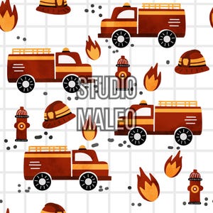 Peut inclure: Un motif sans couture représentant des camions de pompiers rouges, des bouches d'incendie et des flammes sur un fond blanc avec un motif de grille. Le motif est parfait pour le tissu, le papier peint ou le papier d'emballage.