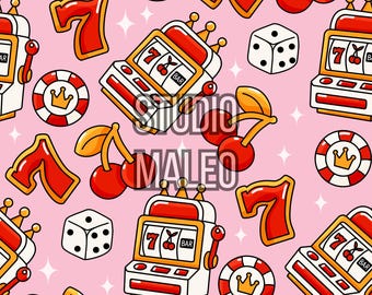 Retro Casino Seamless Pattern Slot Machine Cherries Dice Lucky Seven Pink Digital Download