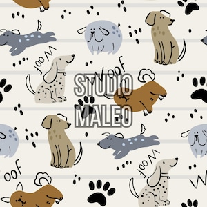 Cute Playful Dogs and Puppy Paws Kids Nursery Baby Boy Cartoon Doodle Dog Fabric Seamless Repeat Pattern for Fabric Sublimation