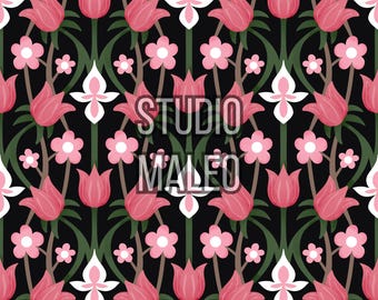 Vintage Pink Tulip Floral Dark Botanical Art Nouveau Style Hand Painted Garden Theme Seamless Repeat Pattern for Fabric Sublimation