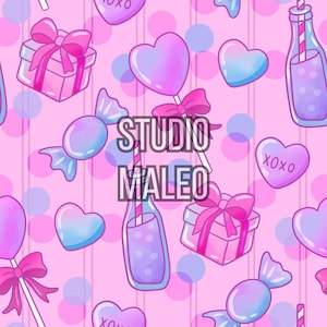 May include: A repeating pattern featuring pink and purple illustrations of gifts, candy, heart-shaped lollipops, and bottles with straws. The background is pink with vertical stripes and polka dots. The text "STUDIO MALEO" is overlaid on the design.