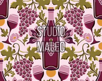 Vintage Wine and Grapes Art Nouveau Damask Vineyard Butterfly Red Merlot French Picnic Seamless Repeat Pattern for Fabric Sublimation