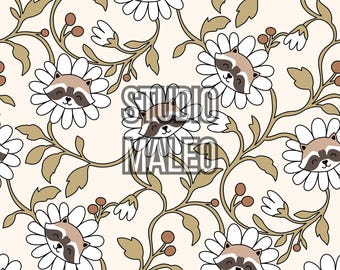 Raccoon Daisy Woodland Floral Neutral Seamless Repeat Pattern for Fabric Sublimation
