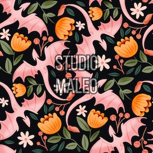 Peut inclure: Un motif sans couture représentant des dragons roses volant parmi des fleurs orange et jaunes sur un fond noir.