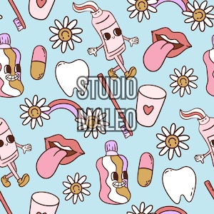 Peut inclure: Motif répétitif sur fond bleu clair avec des illustrations de dessins animés de tubes de dentifrice, brosses à dents, dents, lèvres, marguerites, gélules et tasses avec des cœurs. Le texte "STUDIO MALEO" est au centre de l'image.