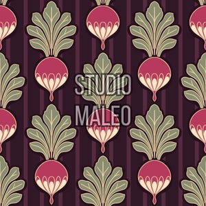 Peut inclure: Motif répété de betteraves stylisées avec des feuilles vertes et des accents crème. Les betteraves sont d'un rouge profond sur un fond violet foncé à rayures verticales. Le texte "STUDIO MALEO" est au centre.