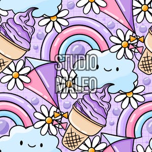 Peut inclure: Motif répétitif avec des illustrations de dessins animés de cornets de crème glacée, d'arcs-en-ciel, de marguerites, de cerfs-volants, de nuages et de bulles. Le motif est dans des couleurs pastel violet, rose, bleu et jaune. Le texte "STUDIO MALEO" est également présent.