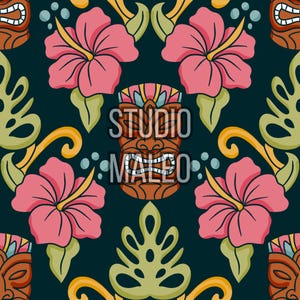 Retro Tiki Mask and Pink Hibiscus Tropical Damask Floral Print Mid Century Modern Style Seamless Repeat Pattern for Fabric Sublimation