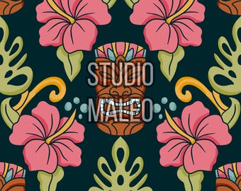 Retro Tiki Mask and Pink Hibiscus Tropical Damask Floral Print Mid Century Modern Style Seamless Repeat Pattern for Fabric Sublimation