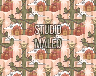 Western Christmas Seamless Pattern Cactus Lights Gifts Desert Holiday Digital Paper