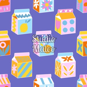 Peut inclure: Un motif sans couture représentant des cartons de lait de dessin animé colorés avec différents motifs floraux et géométriques sur un fond violet. Le texte "Studio Maleo" est au centre du motif.