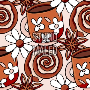 Peut inclure: Motif répété avec des tasses marron ornées de fleurs blanches, des roulés à la cannelle, de la badiane et des marguerites blanches sur fond rose clair. Le texte "STUDIO MALEO" est visible sur les tasses. Parfait pour textiles, papiers peints ou art numérique.