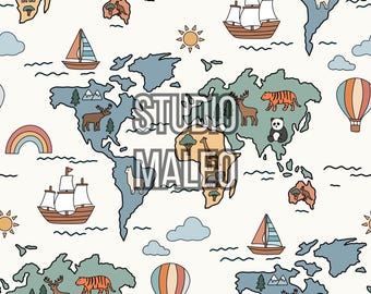 Animal World Map Seamless Pattern Digital Textile Design for Kids Nursery