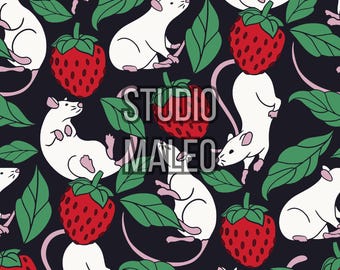Cute Mice and Strawberry Illustration with Leaves Whimsical Animal Fruit Theme Seamless Repeat Pattern for Fabric Sublimation