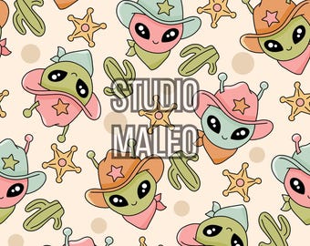 Pastel Alien Cowboy Cactus Sheriff Star Seamless Repeat Pattern for Fabric Sublimation