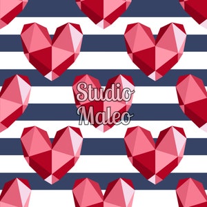 May include: A seamless pattern featuring red, geometric hearts on a white and navy blue striped background. The text "Studio Malleo" is centered on the pattern.