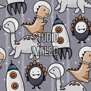 May include: Seamless pattern featuring cartoon dinosaurs in space helmets, rockets, and other space-themed elements. The design includes various dinosaurs in shades of brown and gray, with rockets and other space-related graphics on a gray background.