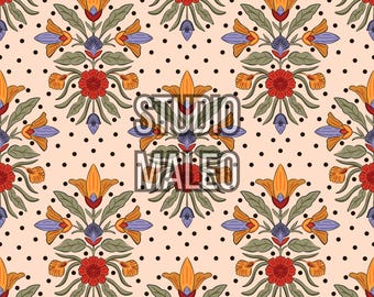Vintage folk art floral bohemian botanical ornamental blooming flowers Seamless Repeat Pattern for Fabric Sublimation