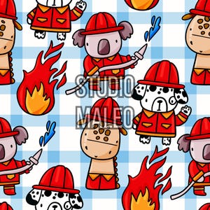 Peut inclure: Motif répété avec des animaux de dessins animés habillés en pompiers. Les animaux, dont un koala, une girafe et un dalmatien, portent des casques et des vestes de pompiers rouges. Des flammes et des lances à eau sont également incluses dans le motif, sur un fond à carreaux bleu et blanc.