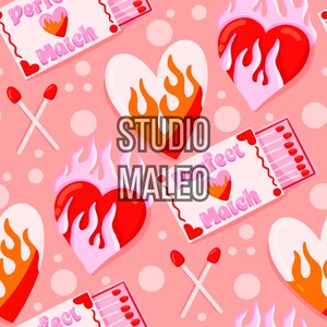 May include: A pink seamless pattern featuring white hearts with orange flames, red hearts with pink flames, matchboxes with the text "Perfect Match", and crossed matches. The text "STUDIO MALEO" is overlaid.