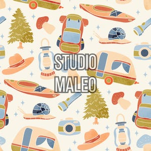 May include: A repeating pattern featuring camping and outdoor adventure elements. The design includes a camper, backpack, kayak, hat, lantern, camera, mushroom, snail, and a flashlight in shades of orange, blue, and green. The text "STUDIO MALEO" is overlaid.