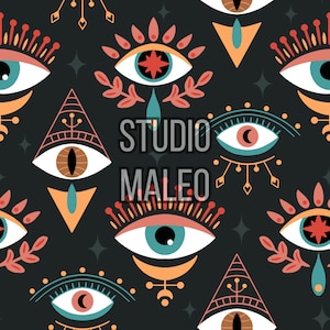 May include: A repeating pattern of stylized eyes in teal, orange, and red on a dark gray background. The eyes have various designs, including teardrops, stars, and floral elements. The text "STUDIO MALEO" is in the center.