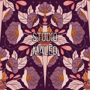 Art nouveau utsmyckade svärd med vintage blommig botanisk lila blommor retrostil sömlöst upprepat mönster för tyg sublimering