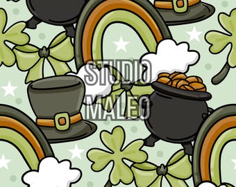 St Patricks Day Leprechaun Hat Pot of Gold Rainbow Clover Green Festive Seamless Repeat Pattern for Fabric Sublimation