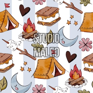May include: A repeating pattern featuring camping elements like tents, campfires, s'mores, and a crescent moon. The design includes the text "STUDIO MALEO" and is set against a backdrop of vertical blue and white stripes. The color palette includes shades of brown, orange, and pink.