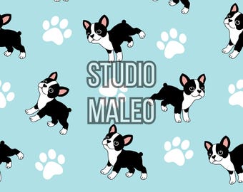 Boston Terrier Cartoon Puppy Paw Prints Aqua Blue Seamless Repeat Pattern for Fabric Sublimation