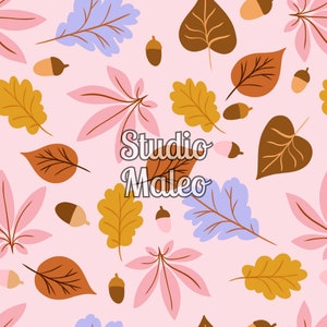 Peut inclure: Un motif sans couture présentant diverses feuilles d'automne dans des tons de rose, bleu, marron et jaune sur un fond rose clair. Les feuilles sont disposées de manière aléatoire et comprennent des feuilles de chêne, des feuilles d'érable et d'autres types de feuilles. Le motif est parfait pour une utilisation dans une variété de projets créatifs, tels que le tissu, le papier peint et le papier d'emballage.
